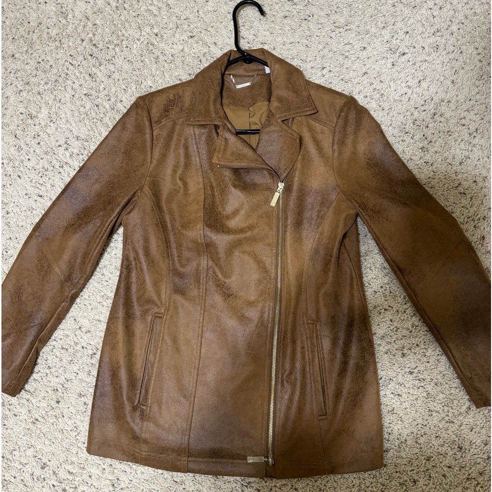 Chicos faux leather distressed two way zip jacket.